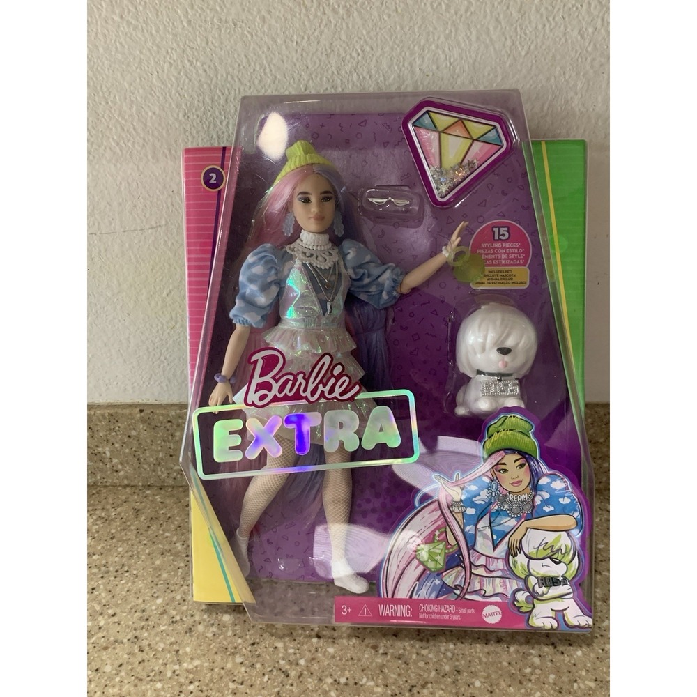 BARBIE Extra Doll #2 Shimmer Look Pet Puppy Curvy 15 Styling Pieces NEW In Box